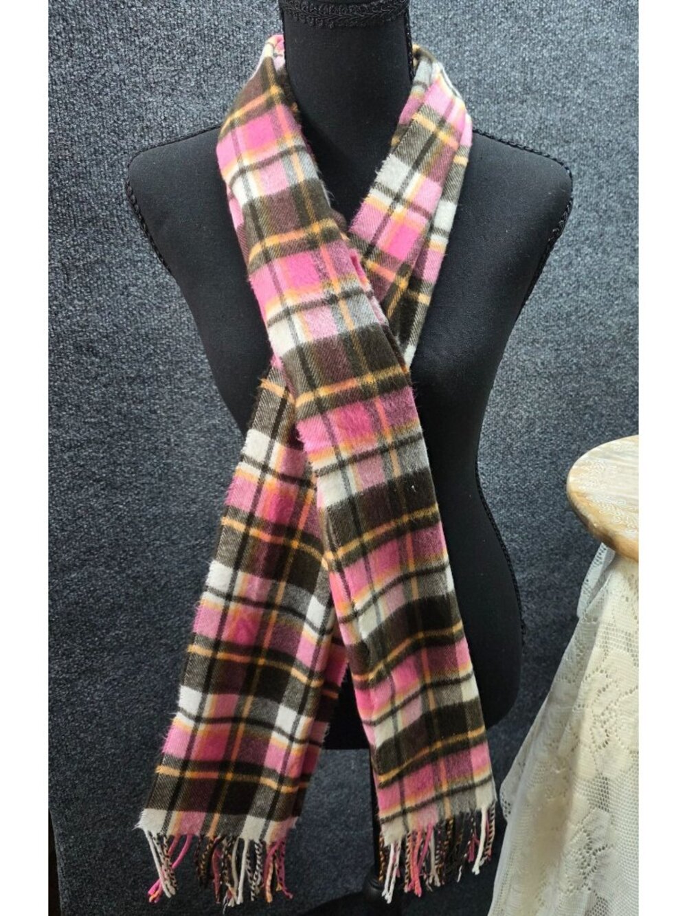 Cashmere Plaid Scarf Pink Brown Fringe Scotland Preppy Quiet Luxury Academia